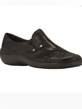 NWT Walking Cradle Orthotic AMP Black Patent Lizard Print Leather Flats. 7.5 WW.